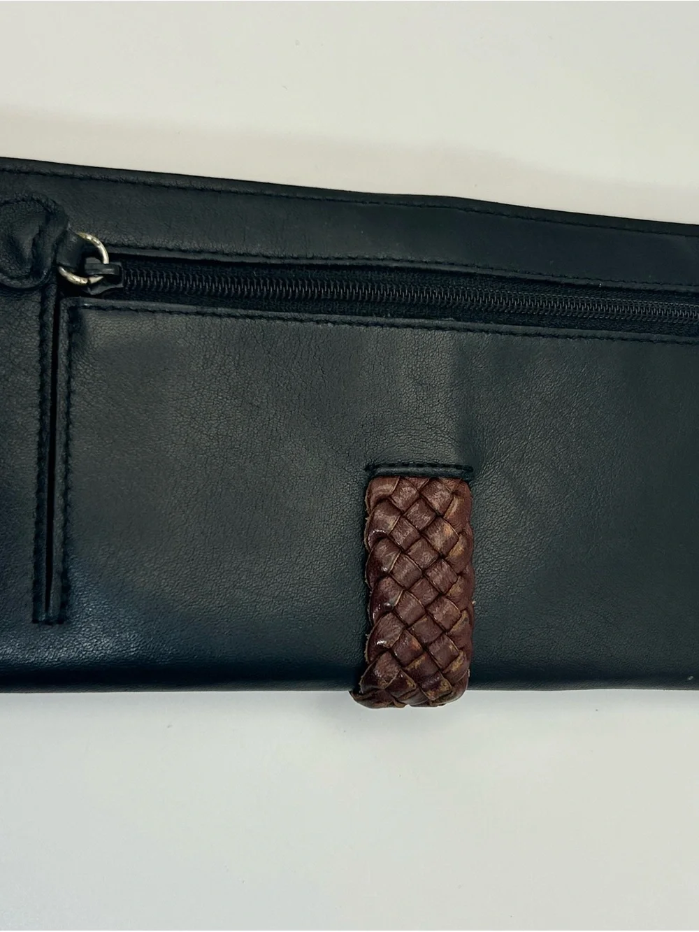 Brighton Two-tone Leather Braided Wallet Black Brown Silver Plated Heart Vintage